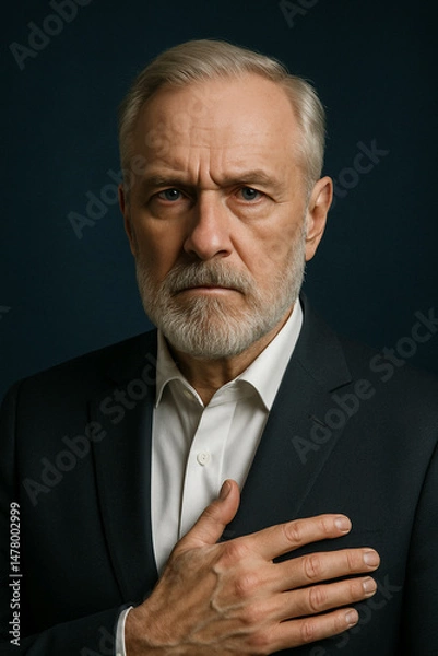 Obraz Elderly man in a suit holding his hand over his heart with a serious and patriotic expression