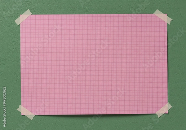Obraz Pink grid paper taped on green wall background.