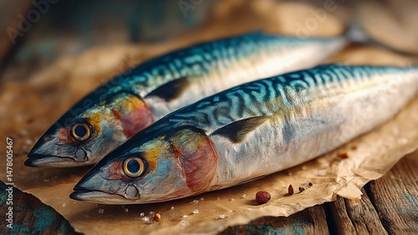Fototapeta Fresh raw mackerel fish on rustic wooden table with spices and paper