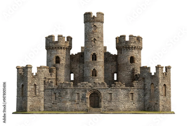 Fototapeta PNG Medieval stone castle with towers and arched doorway in front view