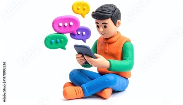 Fototapeta A man uses a smartphone with speech bubbles, play dough conceptual image symbolizing digital communication or social media interaction, isolated on white background