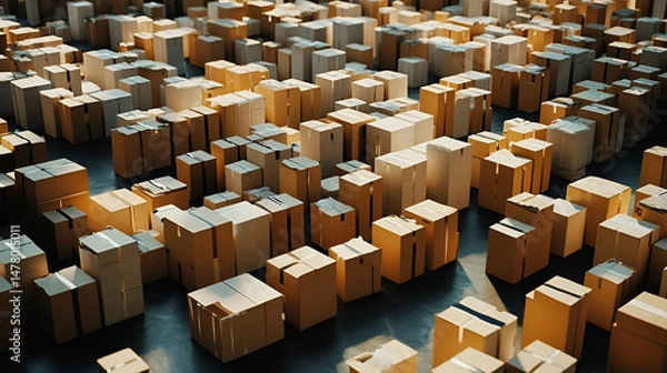 Fototapeta Numerous Cardboard Boxes in a Warehouse Setting