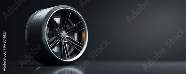 Fototapeta A sleek car wheel on a dark background showcasing modern automotive design.