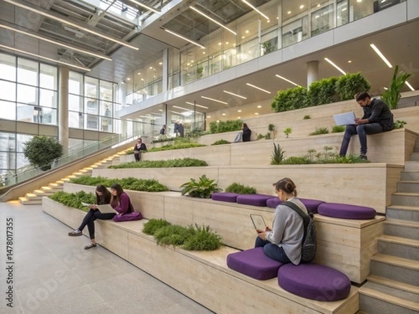 Obraz University students collaborating and studying in modern campus area