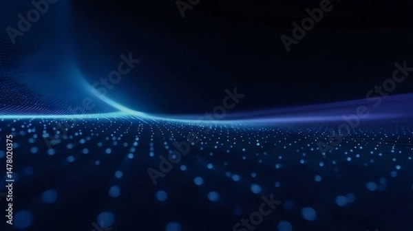 Fototapeta Abstract Blue Light Wave with Dark Background Digital Illustration of Flowing Particles and Dots Technology Design Backdrop