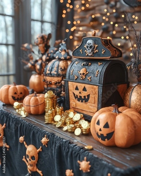 Fototapeta Halloween themed treasure chest display with pumpkins and gold coins.  Spooky decorations on a dark table by a window