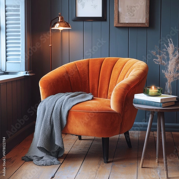 Obraz Mid-century modern armchair with rust velvet upholstery and mustard-olive throw in cozy interior with warm wooden floor, stylish lamp, books, green candle, soft light
