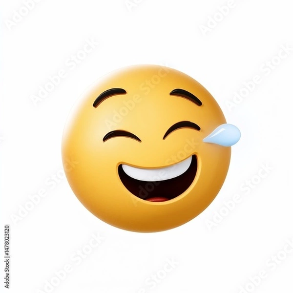 Fototapeta Laughing emoji with tear in 3D style on white background