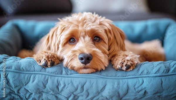Obraz Apricot maltipoo restsing comfortably cozy dog bed. Bright day lighting enhances atmosphere.  Corduroy dog sofa sits in a cozy home setting, featuring soft fabric texture. Lovely domestic pets concept