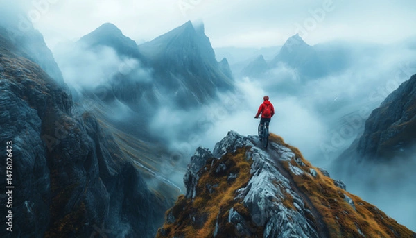 Obraz Adventurous mountain biker descending rugged trail steep rocky slope wearing red jacket and helmet. Bold silhouette against expansive misty mountains. Active lifestyle, freedom nature's beauty concept