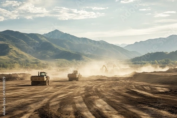 Fototapeta Heavy Machinery Grading Land at Construction Site with Distant Mountain Range