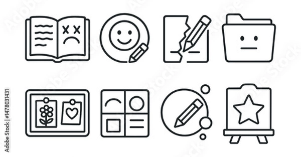 Fototapeta Line style icons of journaling and creative outlet: vent page icon, draw your mood badge, write then rip tag, visual emotion file, poetry and feelings board, collage thoughts chart, color and release