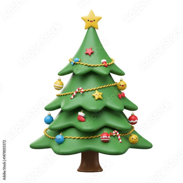 Fototapeta 3D Christmas Decorated Tree isolated on transparent backgorund, Cartoon Christmas tree PNG 
