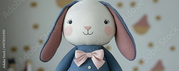 Fototapeta Adorable Plush Rabbit Toy with Pink Bow in Soft Pastel Setting