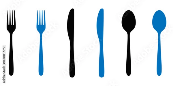 Obraz spoon and fork icon set. spoon, fork and knife icon vector. restaurant icon, Kitchen cutlery set. Table knife, tablespoon, teaspoon, metal spoon and steel fork. Flatware top view. Dining, eating tool.