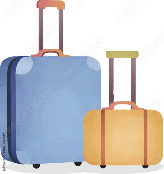 Fototapeta Travel luggage in watercolor style illustration. Blue and brown suitcase for traveling cartoon hand drawn doodle. For asset, graphic element, design, tour