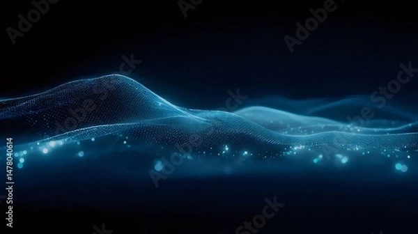 Fototapeta Abstract Blue Wave Flowing Across a Dark Backdrop with Particle Effects and Light Streaks for Technological Theme
