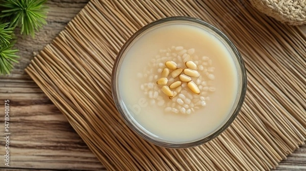 Obraz Korean rice punch drink Sikhye pine nuts top down view of sikhye a traditional cold sweet rice beverage with floating pine nuts served in a glass bowl on a bamboo mat