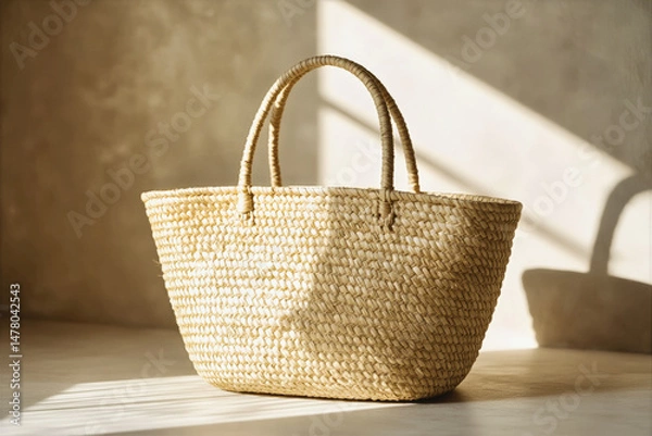 Fototapeta A woven straw tote bag sits on a light-colored surface, bathed in warm sunlight casting long shadows.