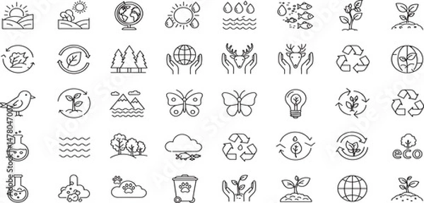 Fototapeta Environment Line Editable Icons set. Vector illustration in modern thin line style of nature related icons: plants, insects, animals, and more.