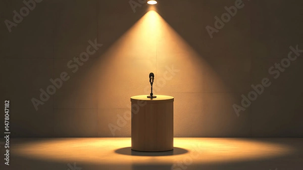 Fototapeta Single Microphone on Illuminated Podium in Dark Room