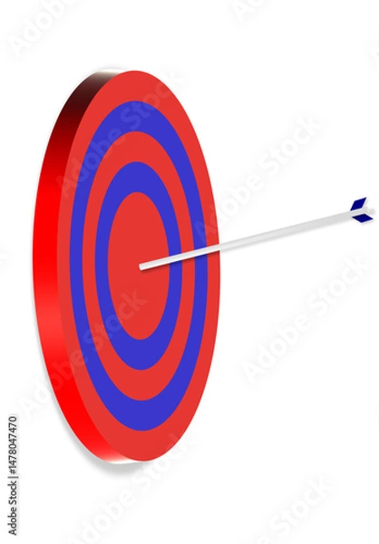 Obraz 3D red and blue target with a white arrow hitting the center.Clean and modern design on transparent background, ideal for business goals, accuracy, marketing success, performance, concepts