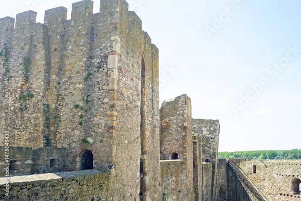 Fototapeta The most impressive medieval fortifications in Europe: view from the defensive wall of the mighty stone towers in the Inner City of the Smederevo Fortress, photographed during a trip to Serbia.