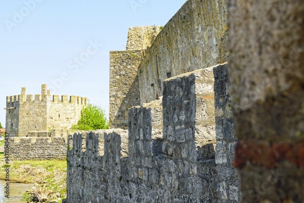Fototapeta Trip to the scenic medieval places of Serbia: landscape made during a tourist visit to the Smederevo fortress. View of the defensive walls of different heights and a low multi-aisled corner tower
