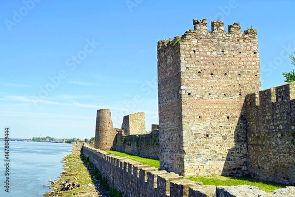 Fototapeta Fortifications built in the tradition of Byzantine architecture: medieval Smederevo fortress, Serbia. Hight towers made of brick and stone, a crenellated defensive wall and the waters of the Danube.