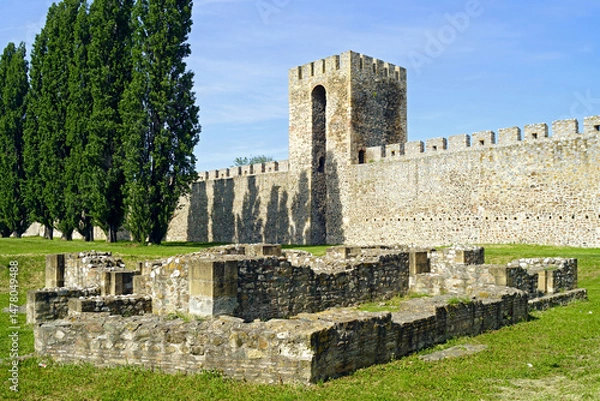 Fototapeta Visit to the capital of the medieval Serbian state: view from the courtyard of the Fortified suburb (Veliki grad) of the Smederevo fortress to the ruins of the church and the defensive wall 