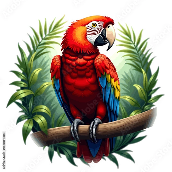 Obraz Colorful parrot sitting on a branch in jungle, vector ollustration on transparent background