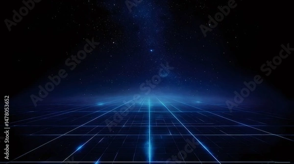 Obraz Abstract Dark Blue Background with Glowing Light Squares and Lines Resembling Digital Grid Structure Representing Modern Technology