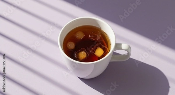 Fototapeta Iced tea with fruit cubes on purple background.