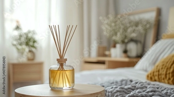 Fototapeta Liquid home fragrance in a diffuser with wooden sticks on table in bedroom