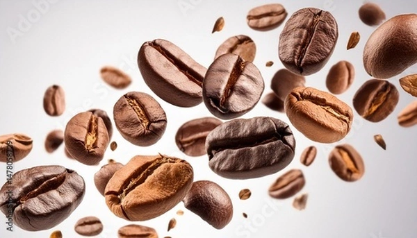 Fototapeta Falling coffee beans in the air close up isolated on white background