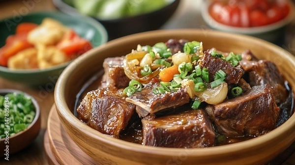 Obraz Korean short rib stew Galbi Jjim served side dishes side view of galbi jjim braised short ribs with vegetables served with a variety of side dishes on a wooden table
