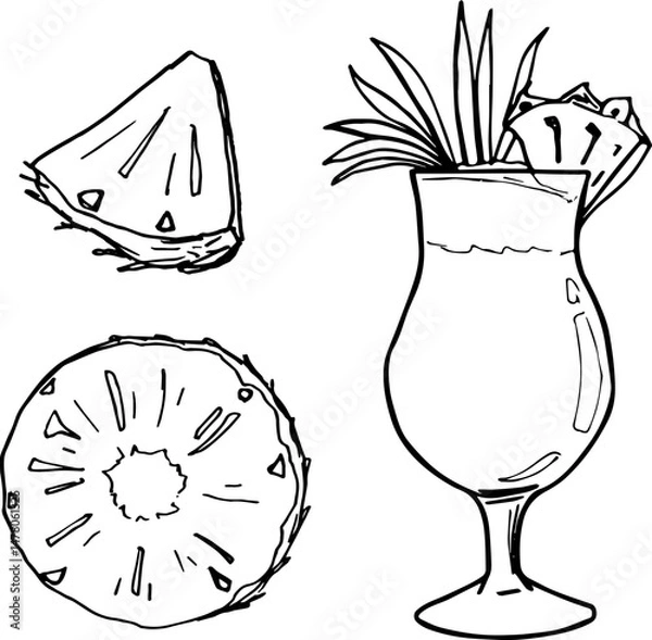 Fototapeta Pina colada cocktail set ink outline hand drawn drink and slices of pineapple