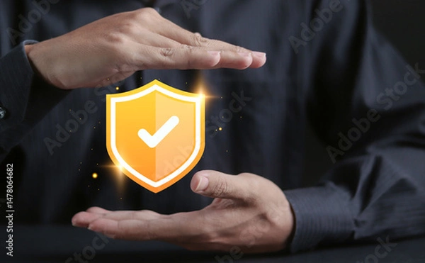 Fototapeta Protection concept. Healthcare, insurance. Cyber security. Network safety. Person protecting shield with check mark on virtual screen.