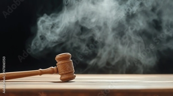 Fototapeta Wooden gavel symbolizing law and justice with a dramatic smoky background