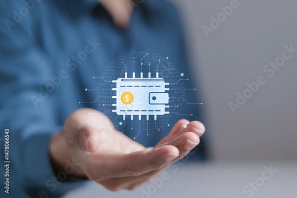 Fototapeta Digital wallet concept. E-wallet, online payment by digital wallet. Mobile banking and money transaction. Person showing digital wallet icon on virtual screen.
