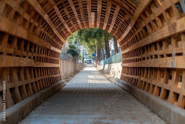 Fototapeta Wooden tunnel creates perspective view of urban walkway architecture