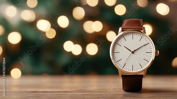 Fototapeta Wristwatch timepiece against blurred festive lights background elegant gift idea
