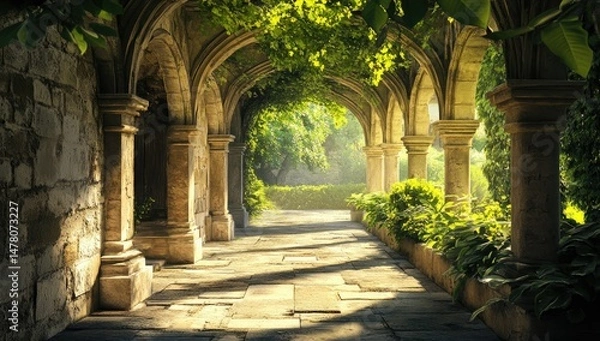 Obraz Sunlit Stone Archway Garden Path.