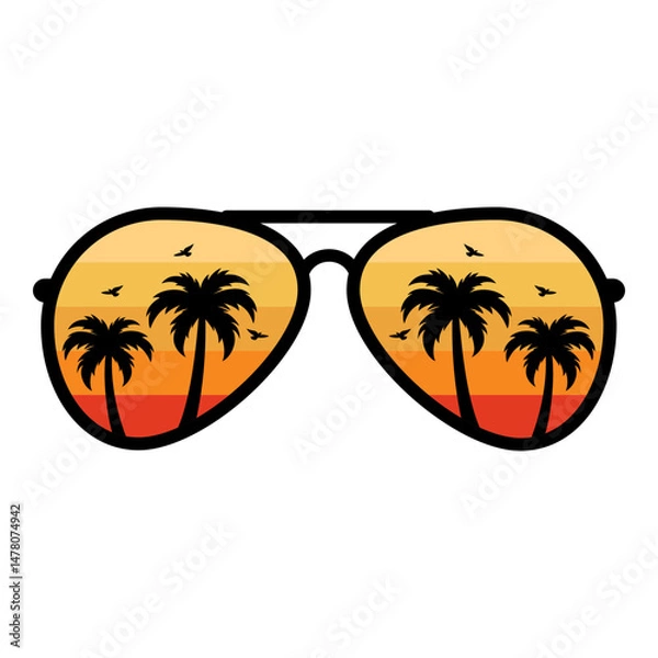 Fototapeta Retro Vintage Sunglasses Beach, Sunglasses with Palm Trees, Summer Sunglasses SVG, Sunset Sunglasses PNG, Vector illustration