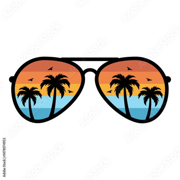 Fototapeta Retro Vintage Sunglasses Beach, Sunglasses with Palm Trees, Summer Sunglasses SVG, Sunset Sunglasses PNG, Vector illustration
