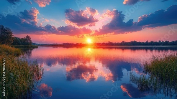Fototapeta Serene sunset over a tranquil lake, reflecting vibrant colors and clouds
