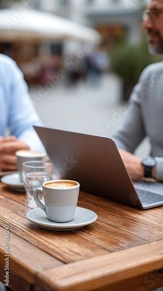 Fototapeta Enjoying coffee break while working on a laptop outdoors.