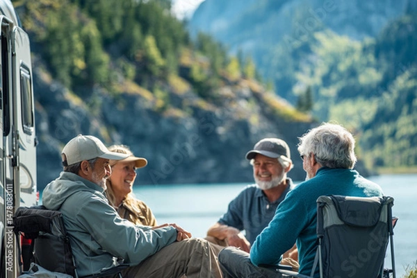 Obraz Retirees traveling in a camper, stopping at scenic locations and enjoying freedom