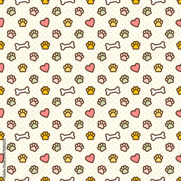 Obraz Cheerful pet care concept seamless vector pattern, colorful pet-themed symbols paws, bones, hearts. Ideal for pet products, wrapping paper, textiles, or digital backgrounds with a fun and loving vibe