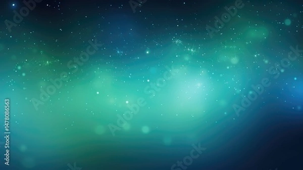 Fototapeta Blue and green gradient background with light effects, white space in the center of the screen, light particles, bright stars, glowing sparkles